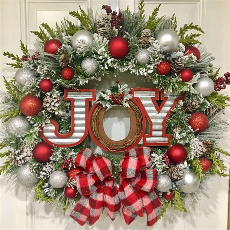 Christmas wreath, front door wreath, JOY wreath, Christmas decor, plaid ...