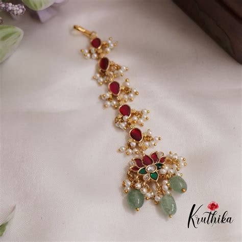 Gorgeous Jadau Lotus Maang Tikka with Pastel Green Beads MT289 ...