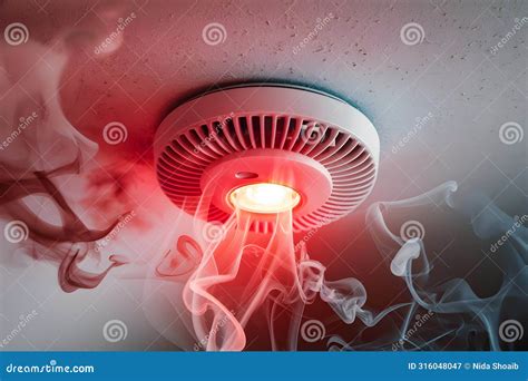 Smoke Detector with Glowing Red Light in White Smoke, Indicating Alarm ...