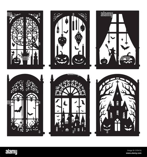 Set of Halloween window silhouettes isolated on a white background ...
