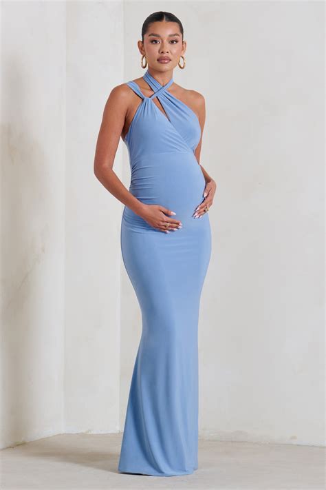 Alba | Powder Blue Maternity Halter Asymmetric Maxi Dress with Cut Out ...