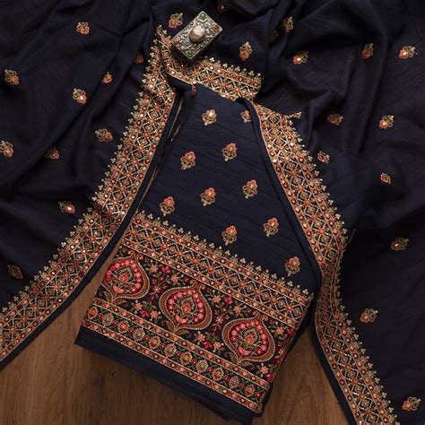 Buy Navy Blue Threadwork Raw Silk Unstitched Salwar Suit - Koskii