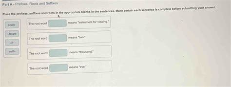 Solved: Prefixes, Roots and Suffixes Place the prefixes, suffixes and ...