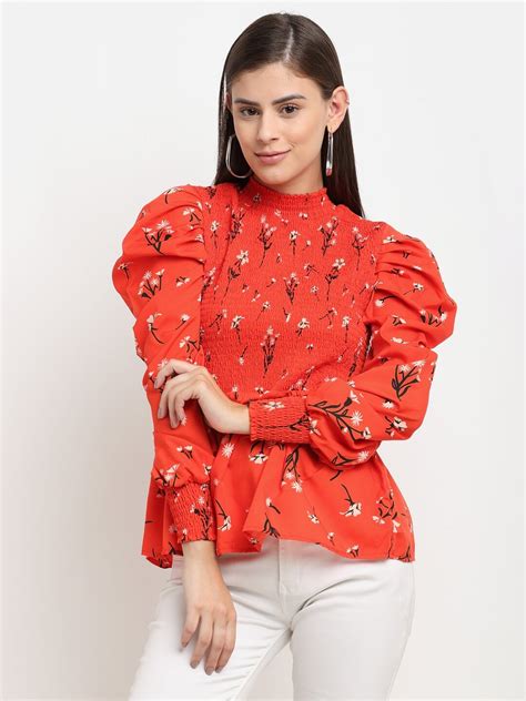 Emeros Smocked Bodice & Cuffs, Puff Sleeve Orange Peplum Top