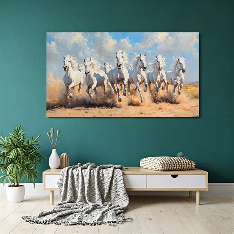 7 White Running Horses Wall Art | Vastu Horse Painting – CIPHER SPACES