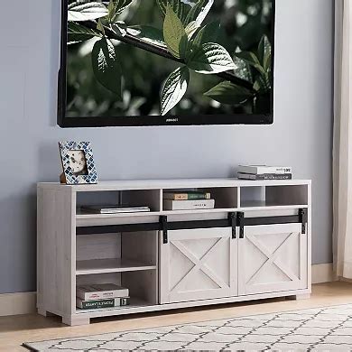 FC Design 60"W Framhouse Sliding Barn Doors TV Stand in White Oak Finish