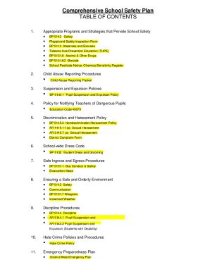 Fillable Online Comprehensive School Safety Plan TABLE OF CONTENTS Fax ...