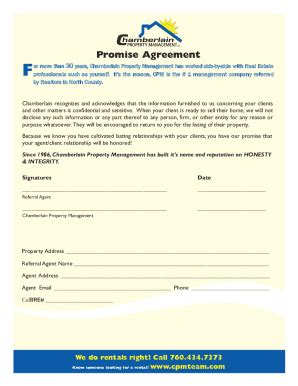 Fillable Online Promise Agreement - Chamberlain Property Management Fax ...