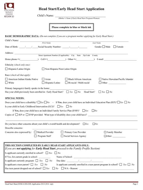 Head Start/Early Head Start Application - Blank Fillable Template ...