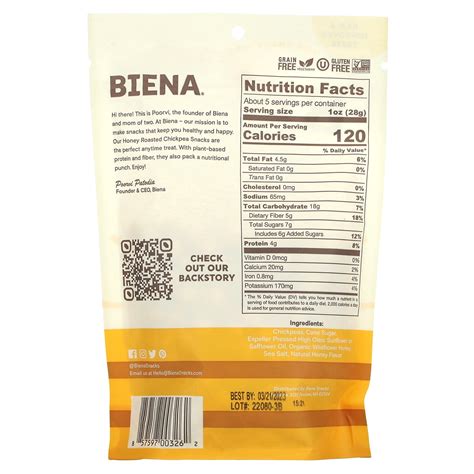 BIENA, Chickpea Snacks, Honey Roasted, 5 oz (142 g)
