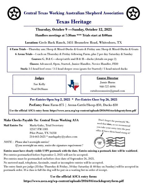 TEXAS HERITAGE ASCA TRIAL, Oct 9-12th. 2025, East entry, Pittsburgh, 9 ...