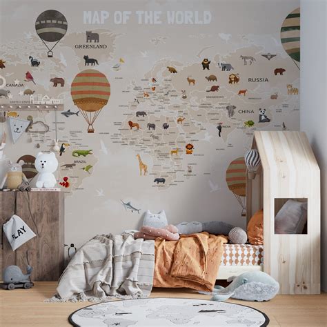 Pink Colour Wallpaper - Animals World Map Kids Room Mural