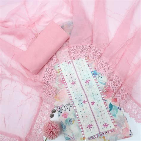 Lehjaa Soft Pink Schiffli Neck lace Work Cotton Linen Top with Chiffon ...