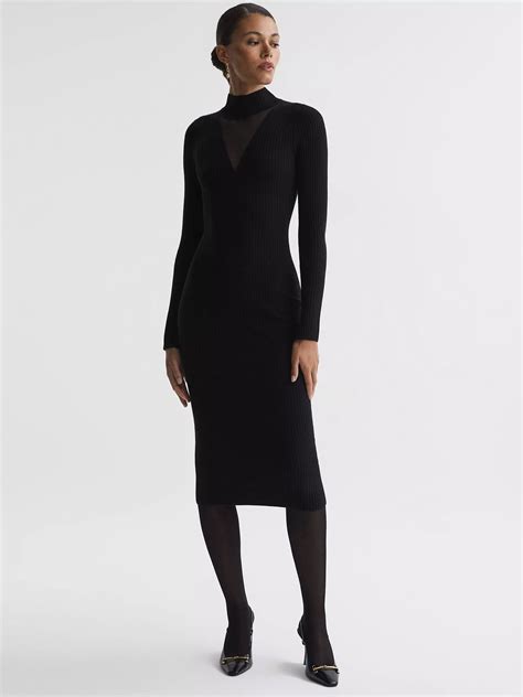 Reiss Sabrina Rib Knit Mesh Panel Bodycon Midi Dress, Black