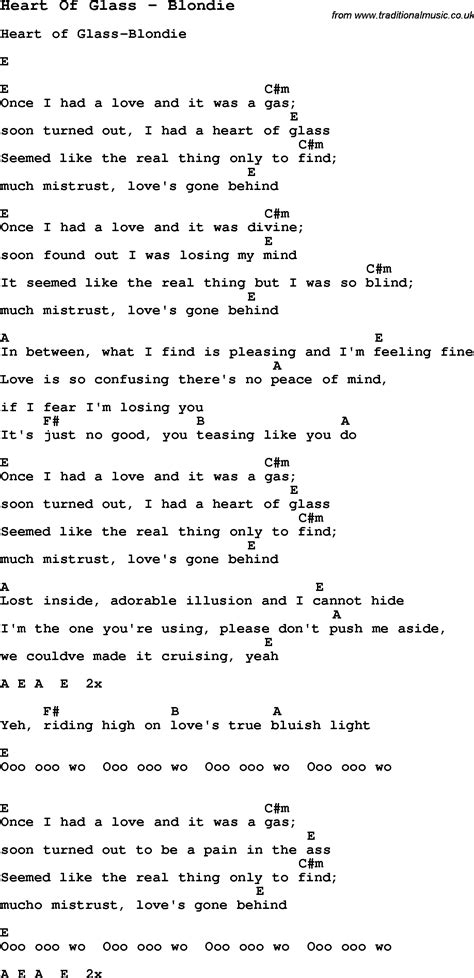 Song Heart Of Glass by Blondie, song lyric for vocal performance plus ...