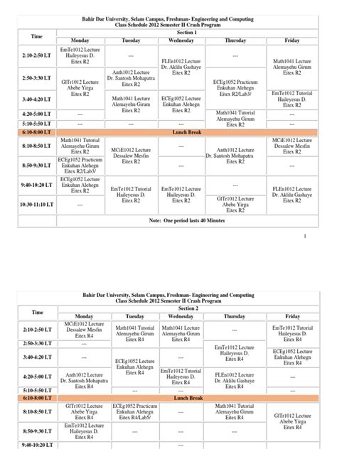 Class Schedule for Freshman Engineering and Computing Students at Bahir Dar University's Selam ...
