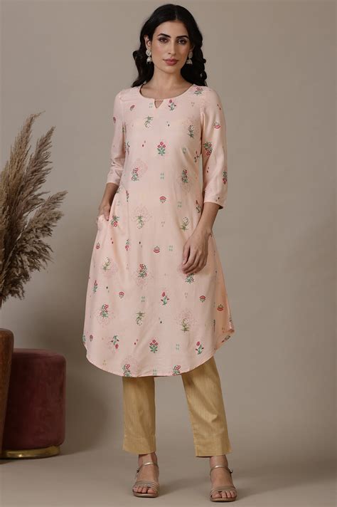 Buy Light Peach Foil Floral Printed A line Rayon Kurta with Curved ...