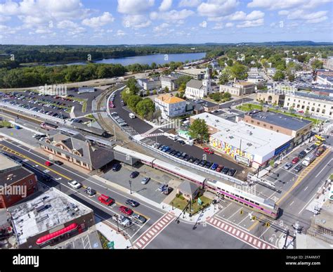 Aerial view of Armenian Church and Framingham MBTA train station and ...