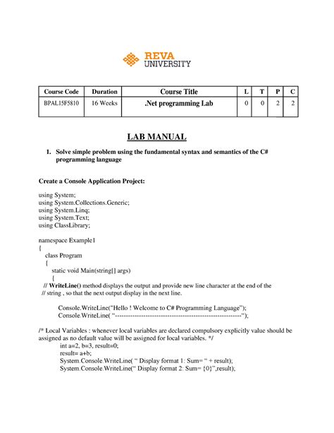 Dot Net LAb Manual- 5th sem BCA - Course Code Duration Course Title L T ...