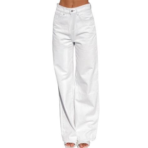 Womens Wide Leg Jeans White Casual Trousers High Waist Denim Pants ...