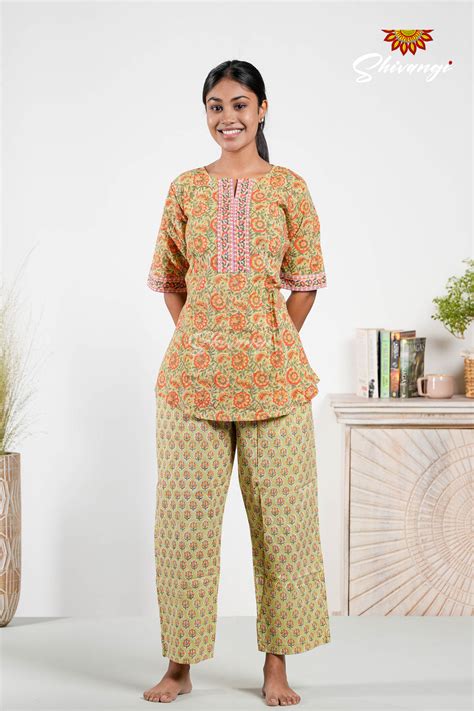 Green And Orange Floral Print Cotton Night Wear Set For Women