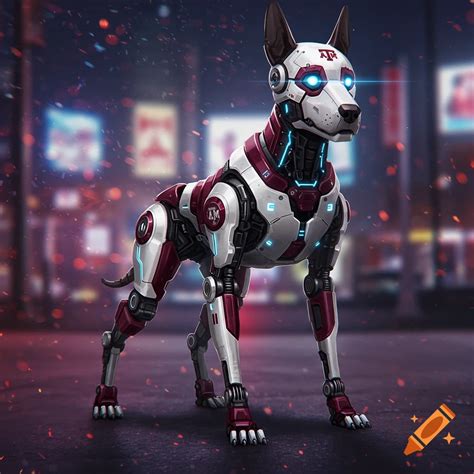 A white and maroon cyborg dog with glowing blue eyes stands in a ...
