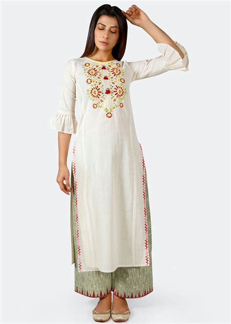 Get Floral Embroidered White Kurta With Grey Printed Palazzo Set at ...