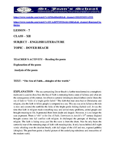 Class XII English Literature Lesson 7 Dover Beach - - Studocu