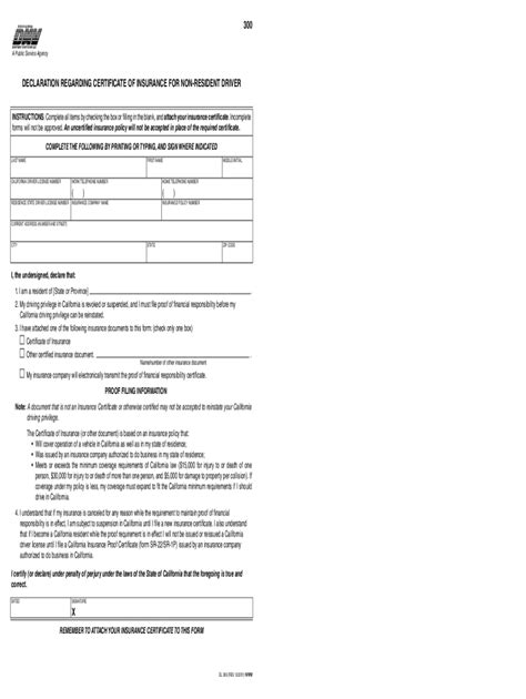 California Non-Resident Proof of Insurance - Blank Fillable Template ...