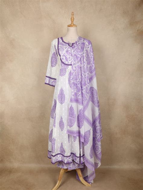 White Paisley Printed Cotton Anarkali Suit with Dupatta | Diadem