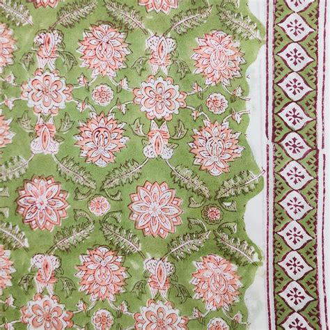 Pure Cotton Jaipuri Light Green With Light Peach Flower All Over Hand ...
