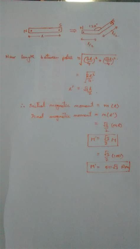 A bar magnet of magnetic moment 100 Amis bent at its midpoint such that ...