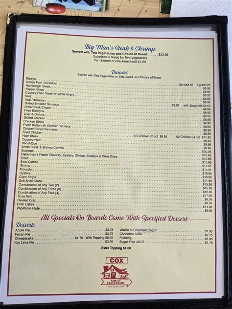 Menu at Cox Family Restaurant, Morehead City
