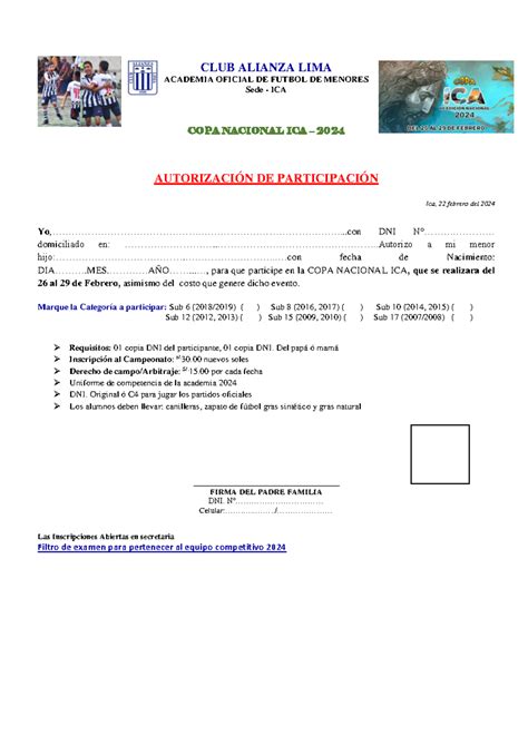Autorizacion Inscripcion copa ica - CLUB ALIANZA LIMA ACADEMIA OFICIAL ...