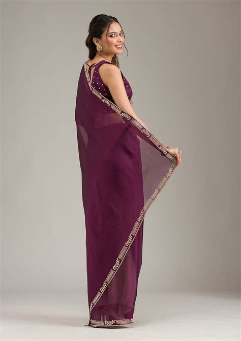 Buy Wine Stonework (Gold) Georgette Saree - Koskii