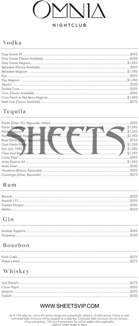 Bottle Service Menu Template
