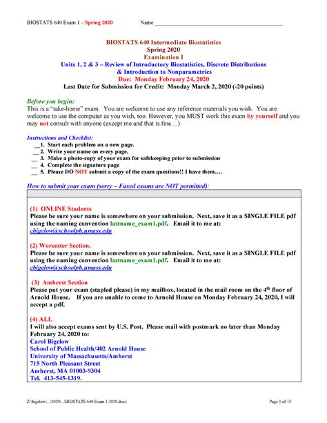 Biostats 640 Exam I 2020 - Biophysics And Biostatistics - UoK - Studocu