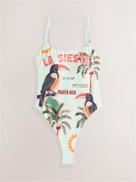 Buy Blue/Cream Stripe Palm Tummy Control High Leg Scoop Swimsuit from ...