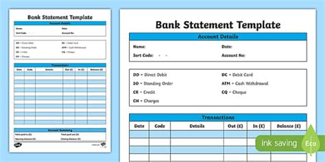 Bank Statement Template for Children - Primary CfE Resource