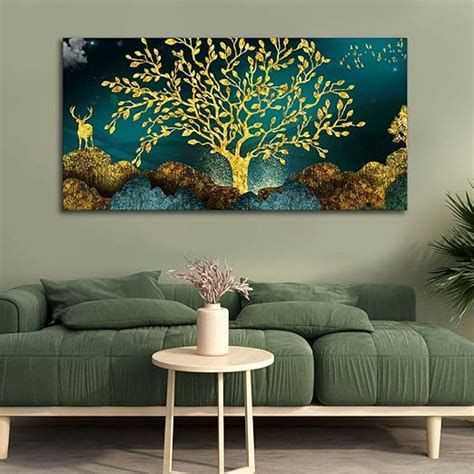 Aadee Craft Golden Tree and Deer Wall Canvas Painting For Living Room ...