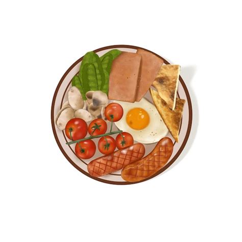 A plate of food consisting of egg breads meats sausages snow peas ...