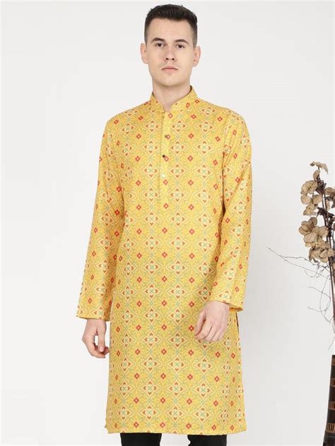 Best Mustard Yellow Silk Blend Printed Kurta for Men – The Kurta Company
