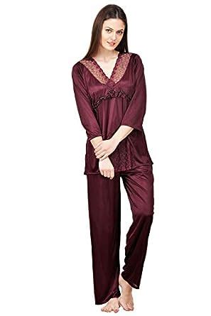 Buy Phalin Women's Satin Solid Night Suit Set (rFree_fsuits_9_Brown ...