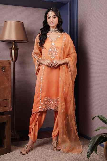 Buy Orange Organza, Modal, Satin Gul Embroidered Ombre Dyed Kurta And ...