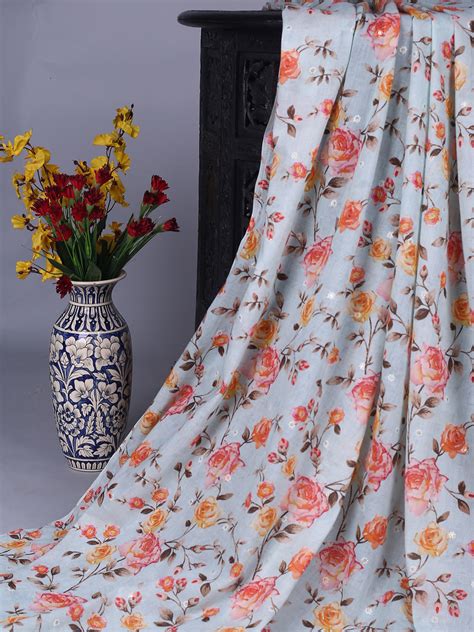 Pastel Blue Floral Pure Mul Mul Fabric With Thread Embroidery ...