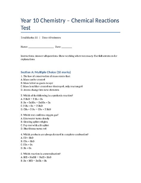 Year 10 Chemistry Test on Chemical Reactions (Total Marks: 55) - Studocu