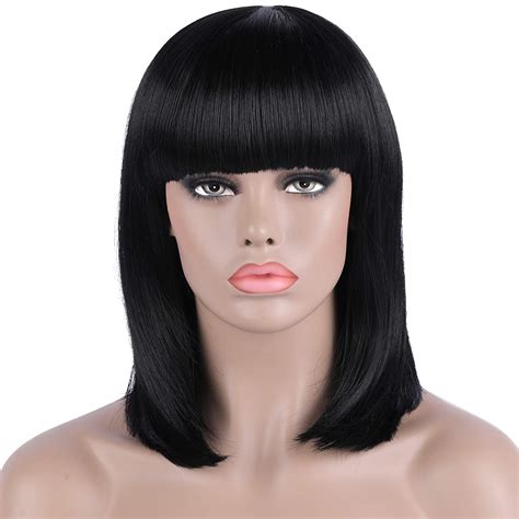 Women's 14 Inch Straight Short Black Bob Wig with Hair Bangs - Heat ...