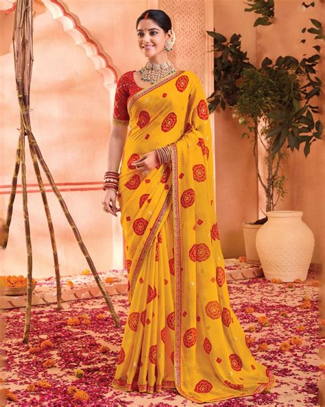 Vishal Prints Golden Yellow Bandhani Print Georgette Saree With Foil P