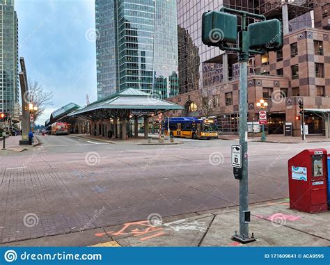 View of the BEllevue Transit Center Downtown As Buses Pull in and Out ...