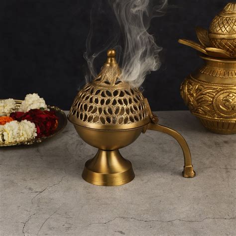 Buy Antique Finish Pure Brass Dhoop Burner with Handle 8" - Budhshiv.com